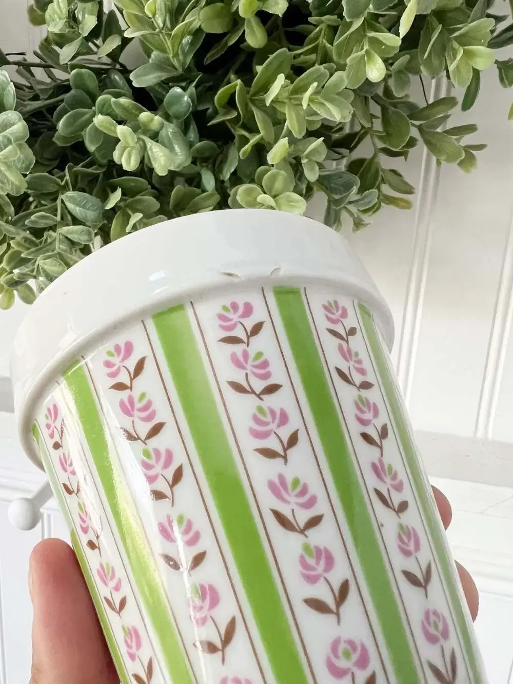 Vintage Floral Striped Ceramic Plant Pot